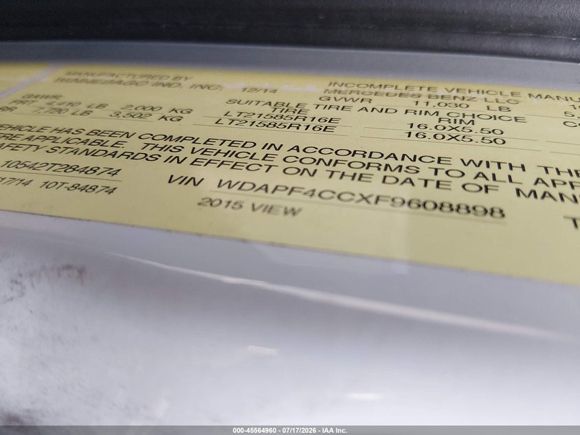 2015 Mercedes-Benz Sprinter 3500 VIN: WDAPF4CCXF9608898 Lot: 45564960