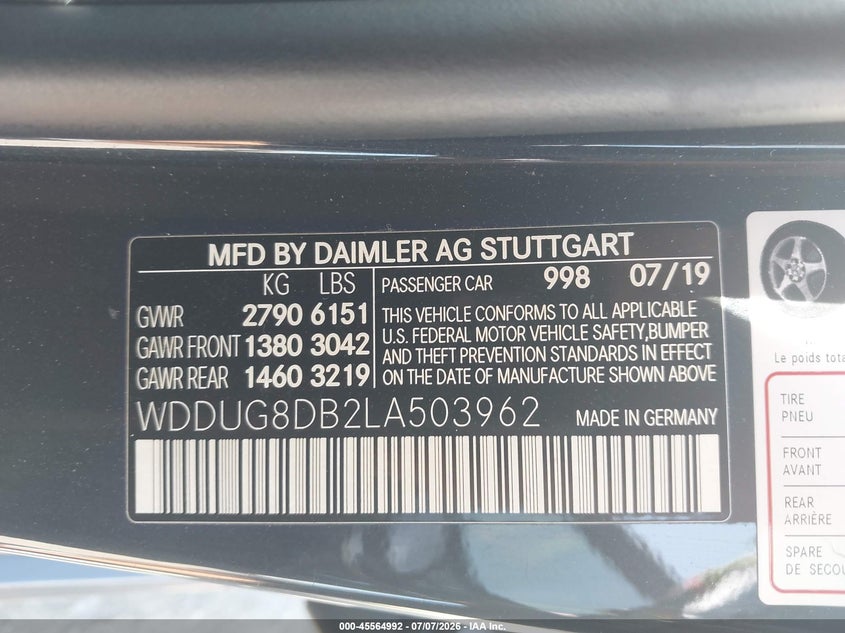 2020 Mercedes-Benz S 560 VIN: WDDUG8DB2LA503962 Lot: 45564992