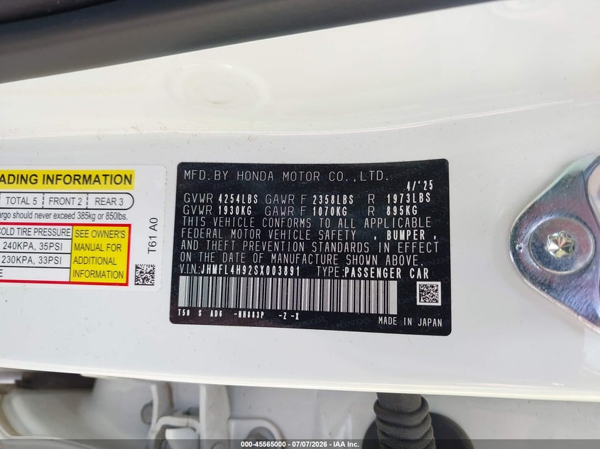 HONDA CIVIC HYBRID 2025 VIN JHMFL4H92SX003891