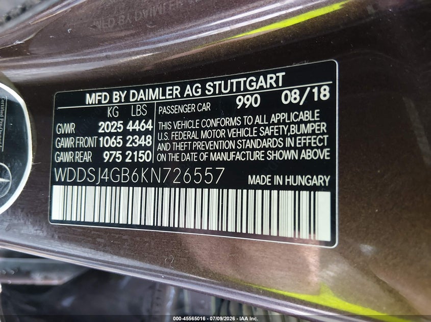 2019 Mercedes-Benz Cla 250 4Matic VIN: WDDSJ4GB6KN726557 Lot: 45565016