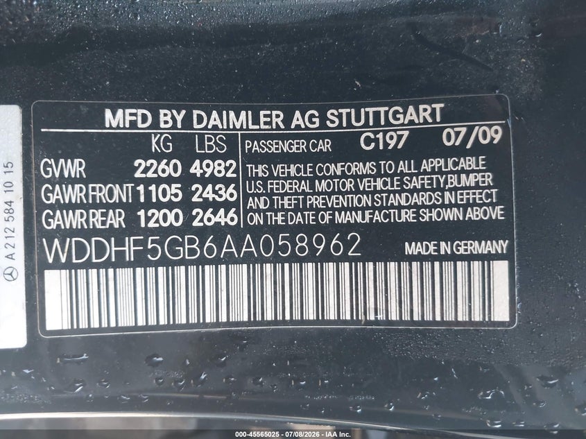 2010 Mercedes-Benz E 350 VIN: WDDHF5GB6AA058962 Lot: 45565025