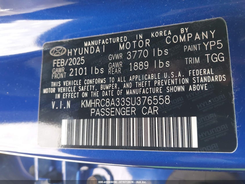 2025 Hyundai Venue Sel VIN: KMHRC8A33SU376558 Lot: 45565056