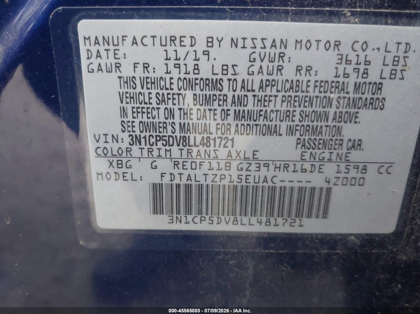 2020 Nissan Kicks Sr Xtronic Cvt VIN: 3N1CP5DV8LL481721 Lot: 45565085