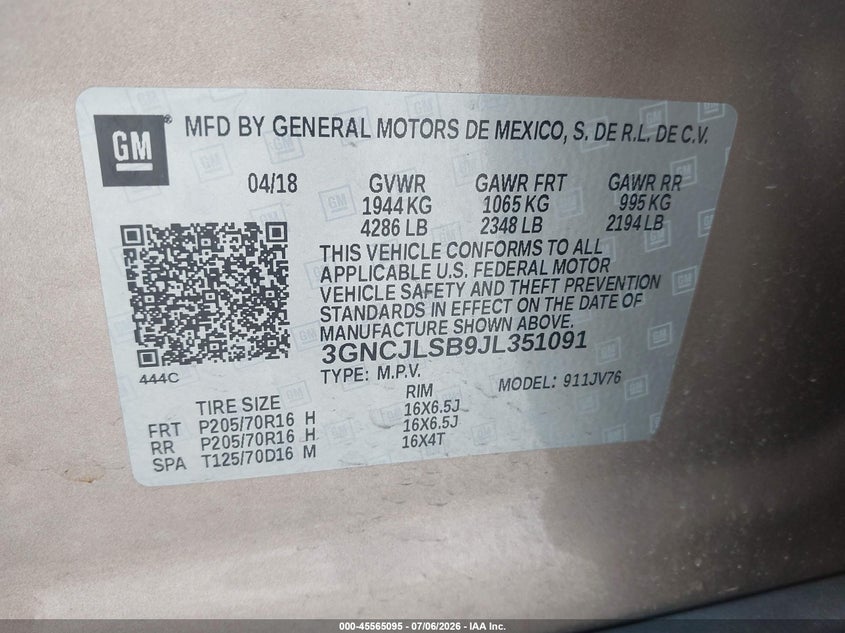 2018 CHEVROLET TRAX SPORT UTILITY VEHICLE 1.4L I-4 DOHC, VVT, TURBO, 138HP