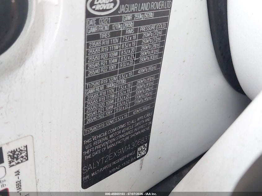 2021 Land Rover Range Rover Velar P250 R-Dynamic S VIN: SALYT2EX9MA306831 Lot: 45565103