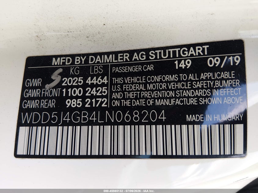 2020 Mercedes-Benz Cla 250 VIN: WDD5J4GB4LN068204 Lot: 45565132