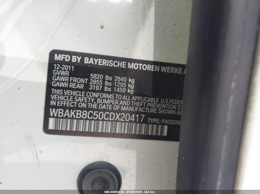 2012 BMW 750Li VIN: WBAKB8C50CDX20417 Lot: 45565136