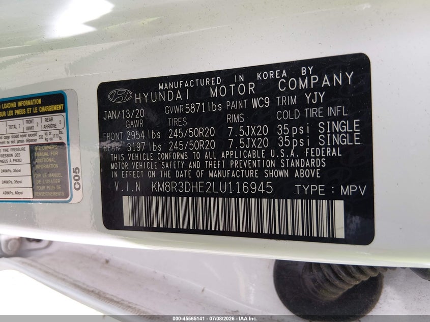 2020 Hyundai Palisade Sel VIN: KM8R3DHE2LU116945 Lot: 45565141