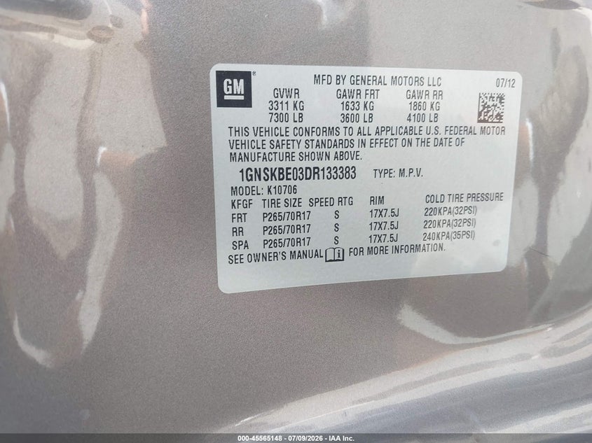 2013 Chevrolet Tahoe Lt VIN: 1GNSKBE03DR133383 Lot: 45565148