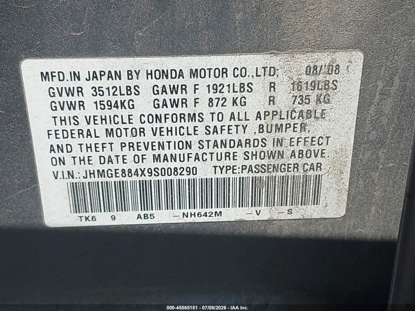 2009 Honda Fit Sport VIN: JHMGE884X9S008290 Lot: 45565151