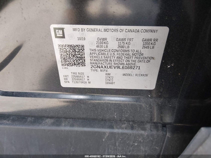 CHEVROLET EQUINOX 2020 VIN 2GNAXUEV9L6169271
