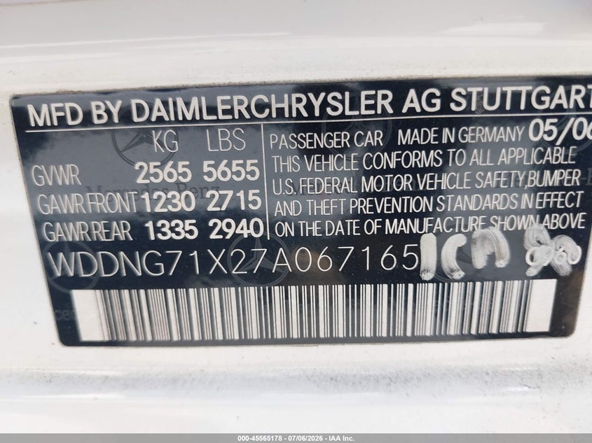 2007 Mercedes-Benz S 550 VIN: WDDNG71X27A067165 Lot: 45565178