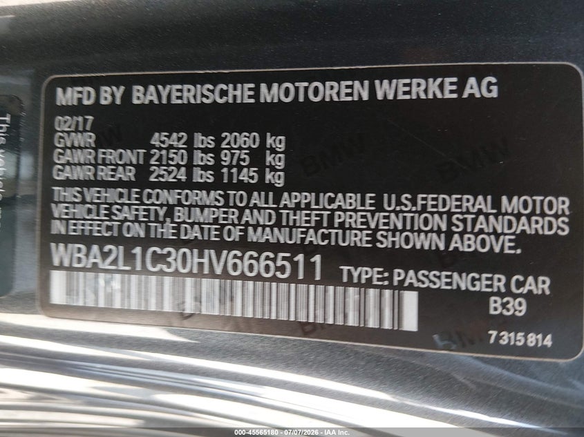 2017 BMW M240I VIN: WBA2L1C30HV666511 Lot: 45565180