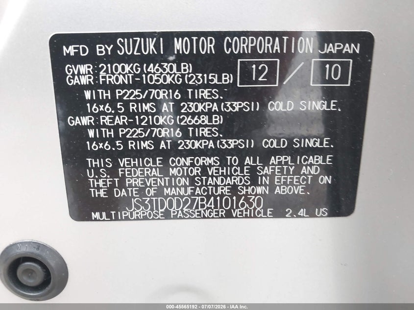 2011 Suzuki Grand Vitara Premium/Premium W/Alloy Wheels VIN: JS3TD0D27B4101630 Lot: 45565192