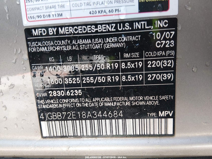 2008 Mercedes-Benz M-Class 5.5L VIN: 4JGBB72E18A344684 Lot: 45565199