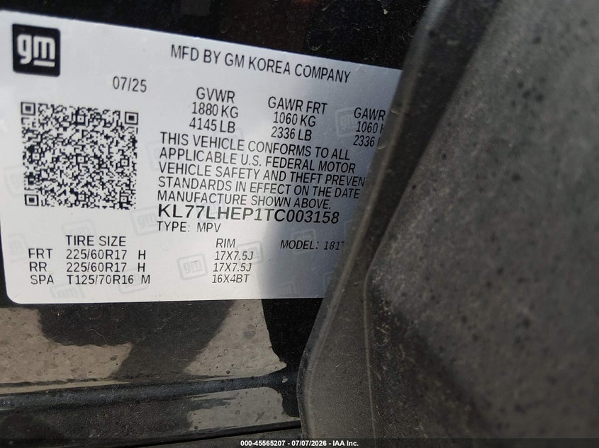 2026 Chevrolet Trax Fwd Lt VIN: KL77LHEP1TC003158 Lot: 45565207