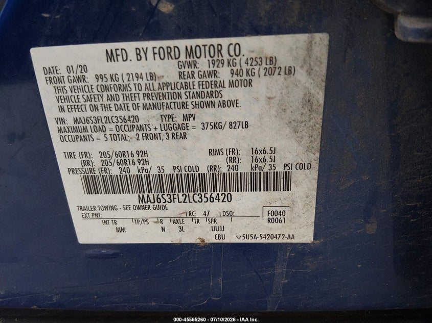 2020 Ford Ecosport S VIN: MAJ6S3FL2LC356420 Lot: 45565260