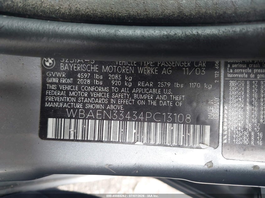 2004 BMW 325It VIN: WBAEN33434PC13108 Lot: 45565262