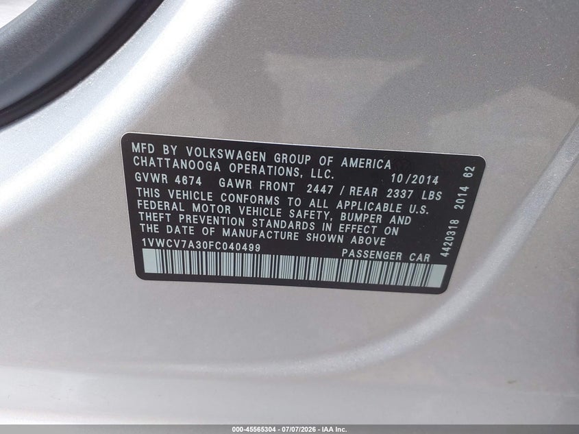 2015 Volkswagen Passat 2.0L Tdi Sel Premium VIN: 1VWCV7A30FC040499 Lot: 45565304