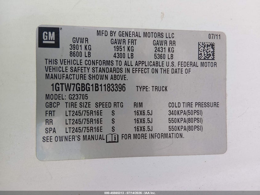 2011 GMC Savana 2500 Work Van VIN: 1GTW7GBG1B1183396 Lot: 45565313