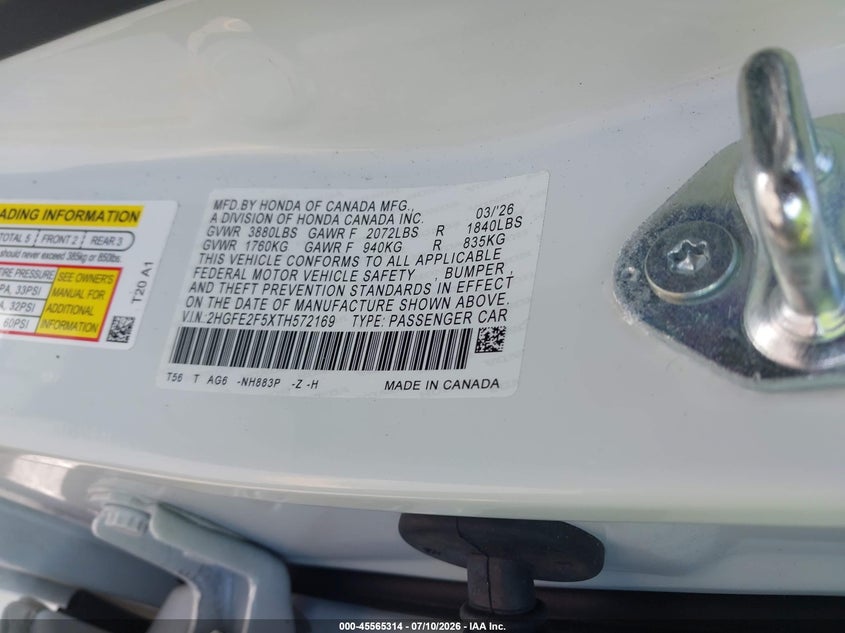 2026 HONDA CIVIC SEDAN 2.0L I-4 DI, DOHC, VVT, 150HP