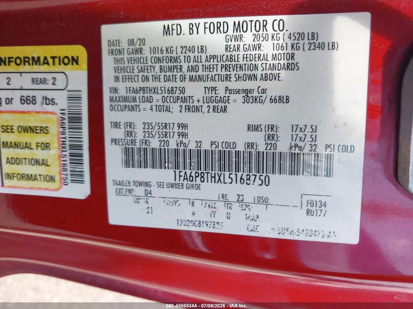 2020 Ford Mustang Ecoboost Fastback VIN: 1FA6P8THXL5168750 Lot: 45565344
