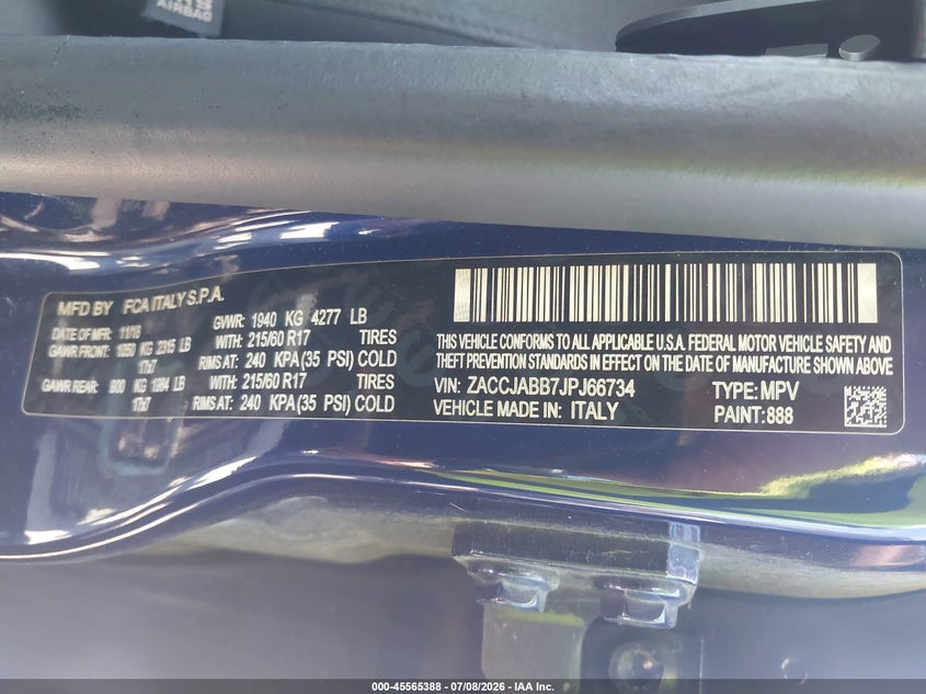 JEEP RENEGADE 2018 VIN ZACCJABB7JPJ66734
