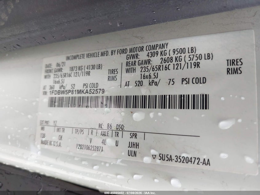 2021 Ford Transit-350 Cutaway VIN: 1FDBW5P81MKA52579 Lot: 45565402