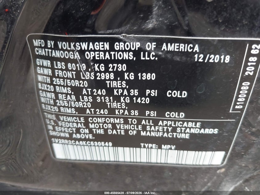 2019 Volkswagen Atlas 3.6L V6 Sel R-Line VIN: 1V2RR2CA6KC530549 Lot: 45565428