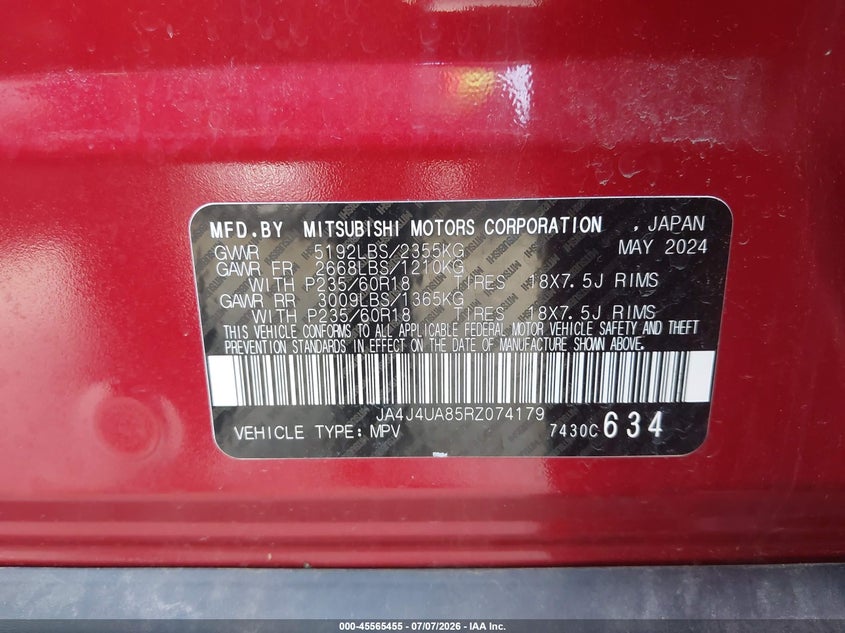 2024 Mitsubishi Outlander Es 2.5 S-Awc VIN: JA4J4UA85RZ074179 Lot: 45565455