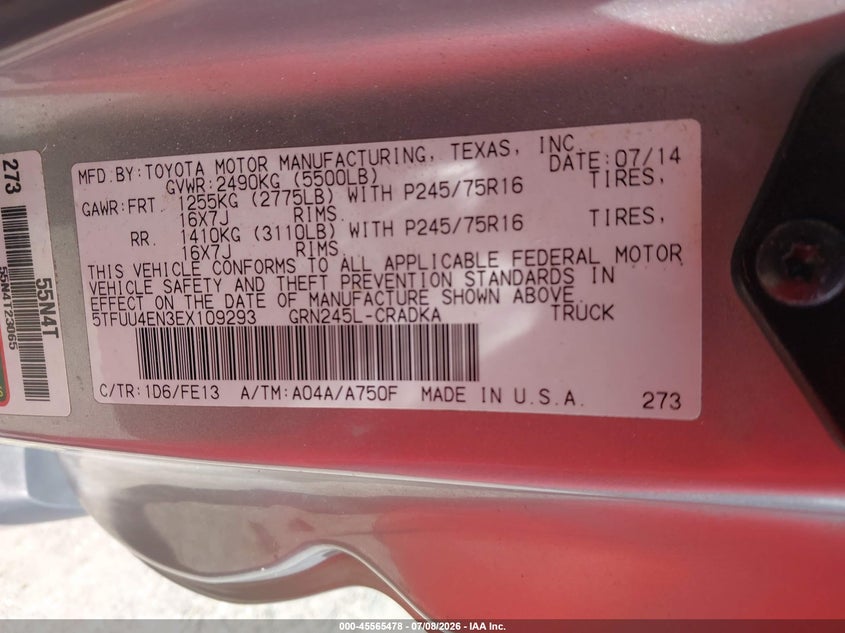 2014 Toyota Tacoma Base V6 VIN: 5TFUU4EN3EX109293 Lot: 45565478