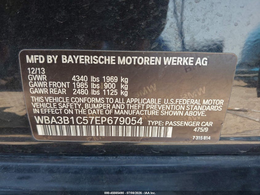 2014 BMW 320I VIN: WBA3B1C57EP679054 Lot: 45565490