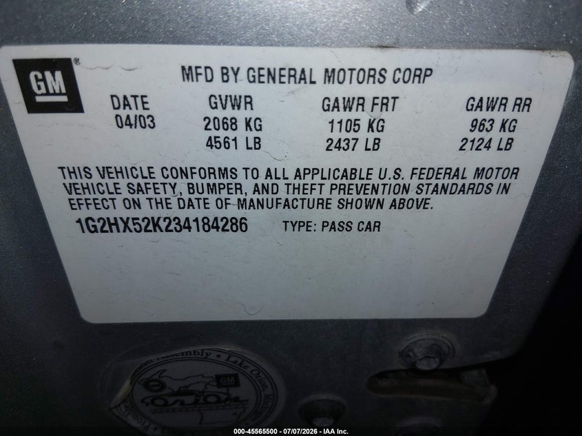 2003 Pontiac Bonneville Se VIN: 1G2HX52K234184286 Lot: 45565500