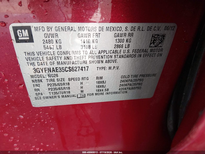 CADILLAC SRX 2012 VIN 3GYFNAE35CS627417