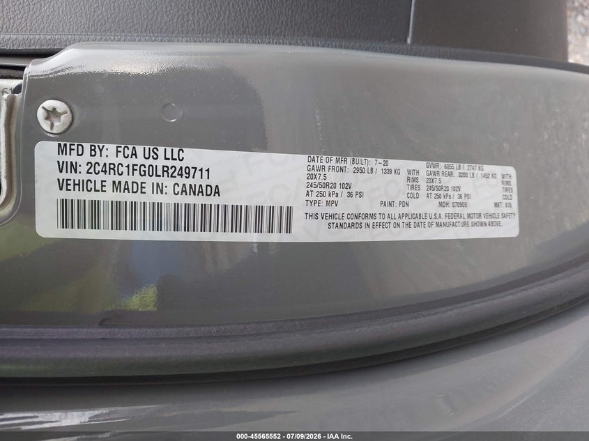 2020 Chrysler Pacifica Touring VIN: 2C4RC1FG0LR249711 Lot: 45565552