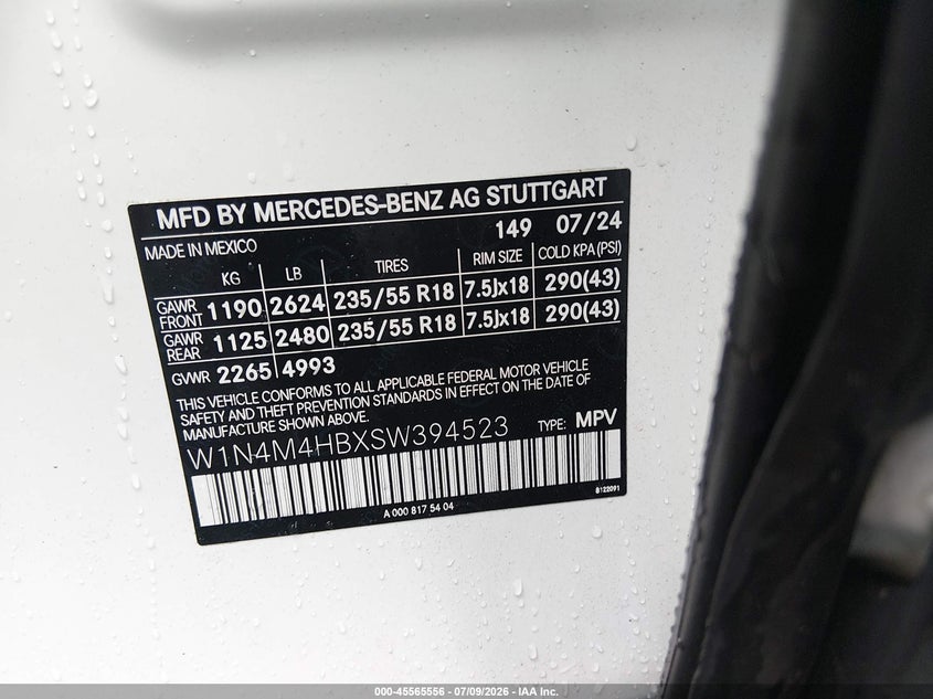 2025 Mercedes-Benz Glb 250 4Matic VIN: W1N4M4HBXSW394523 Lot: 45565556