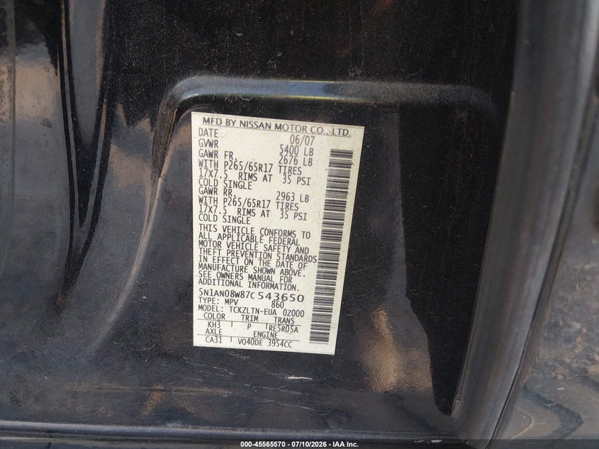 2007 Nissan Xterra Se VIN: 5N1AN08W87C543650 Lot: 45565570