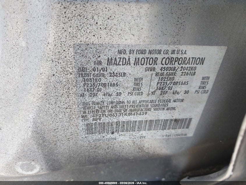 2001 Mazda Tribute Dx V6 VIN: 4F2YU06131KM41439 Lot: 45565593