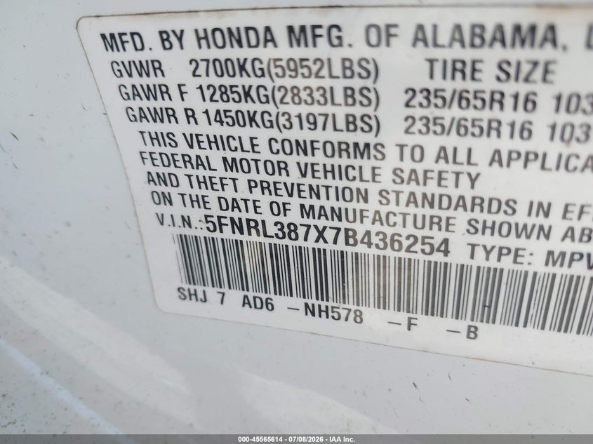 2007 Honda Odyssey Ex-L VIN: 5FNRL387X7B436254 Lot: 45565614