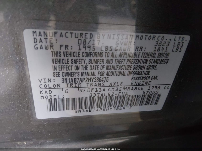 2017 NISSAN SENTRA SEDAN 1.8L I-4 DOHC, VVT, 124HP