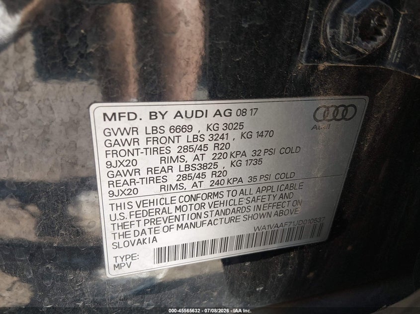 2018 Audi Q7 3.0T Premium VIN: WA1VAAF71JD010537 Lot: 45565632