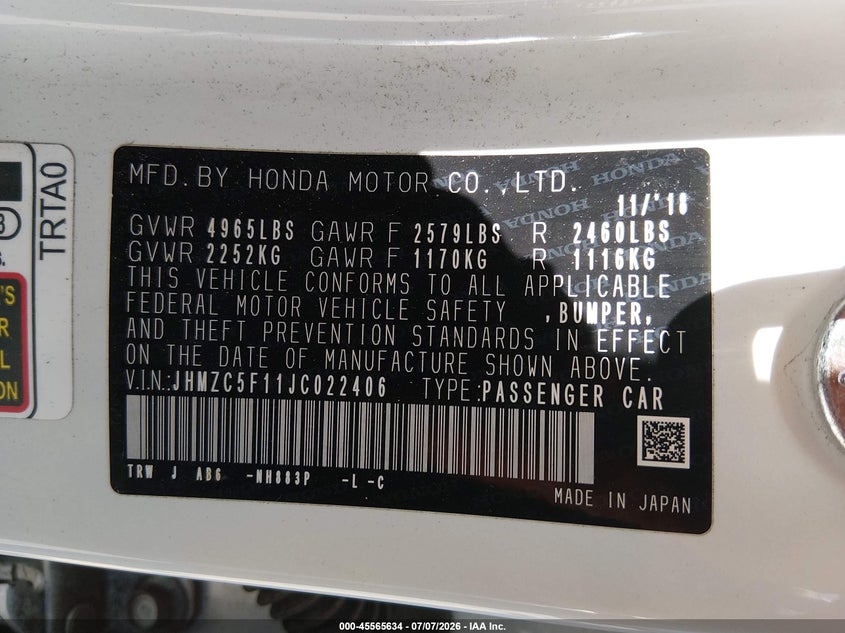 2018 Honda Clarity Plug-In Hybrid VIN: JHMZC5F11JC022406 Lot: 45565634