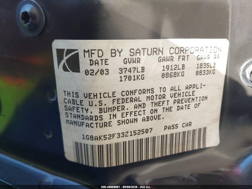 2003 Saturn Ion 3 VIN: 1G8AK52F33Z152507 Lot: 45565661