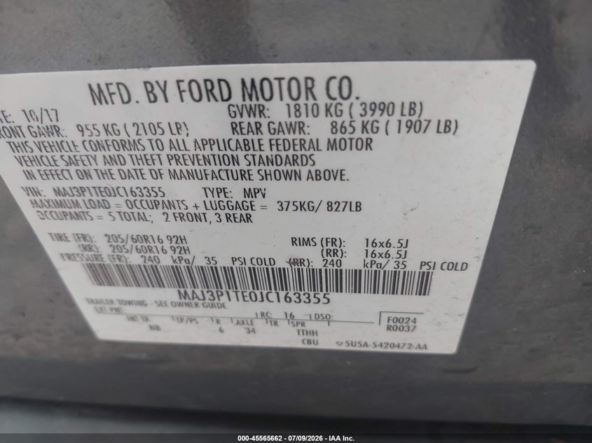 2018 Ford Ecosport Se VIN: MAJ3P1TE0JC163355 Lot: 45565662