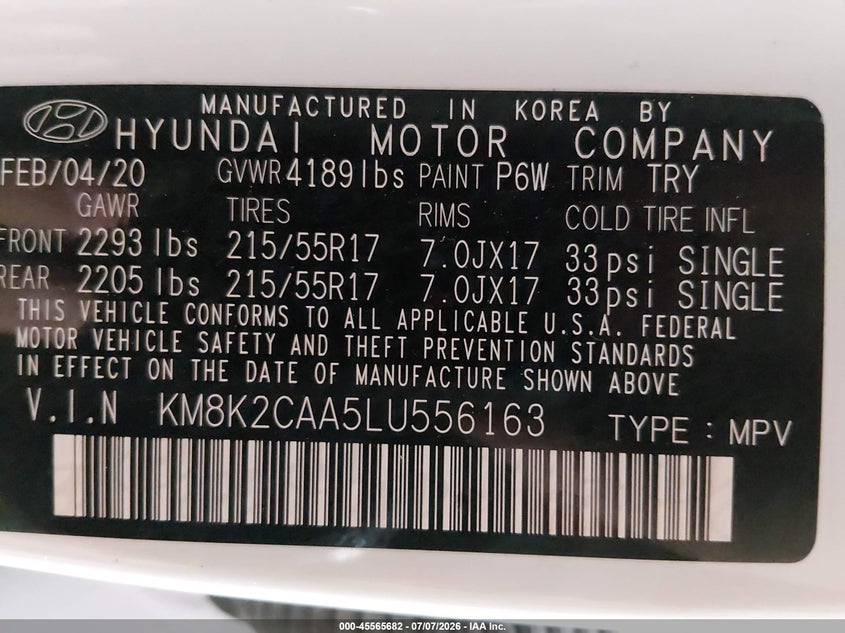 2020 Hyundai Kona Sel VIN: KM8K2CAA5LU556163 Lot: 45565682