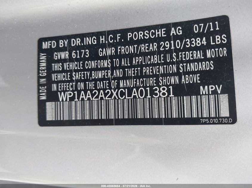 2012 Porsche Cayenne VIN: WP1AA2A2XCLA01381 Lot: 45565684