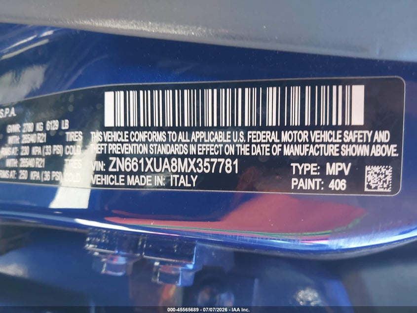 2021 Maserati Levante VIN: ZN661XUA8MX357781 Lot: 45565689