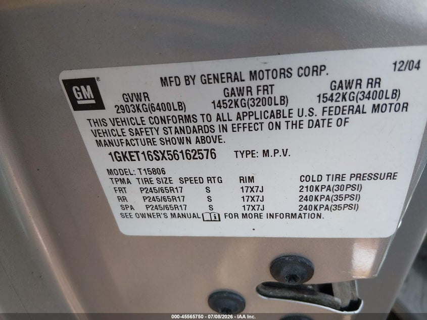 2005 GMC Envoy Xl Sle VIN: 1GKET16SX56162576 Lot: 45565750
