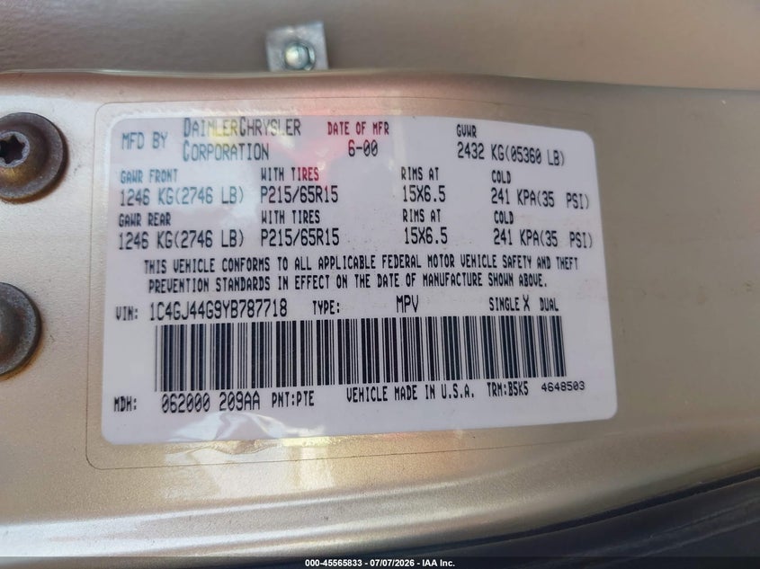 2000 Chrysler Grand Voyager Se VIN: 1C4GJ44G9YB787718 Lot: 45565833
