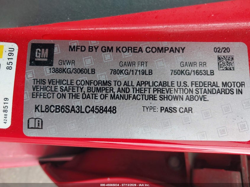 2020 Chevrolet Spark Fwd Ls Automatic VIN: KL8CB6SA3LC458448 Lot: 45565834